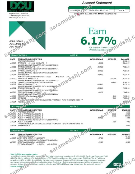 USA DCU bank statement Word and PDF template, 5 pages
